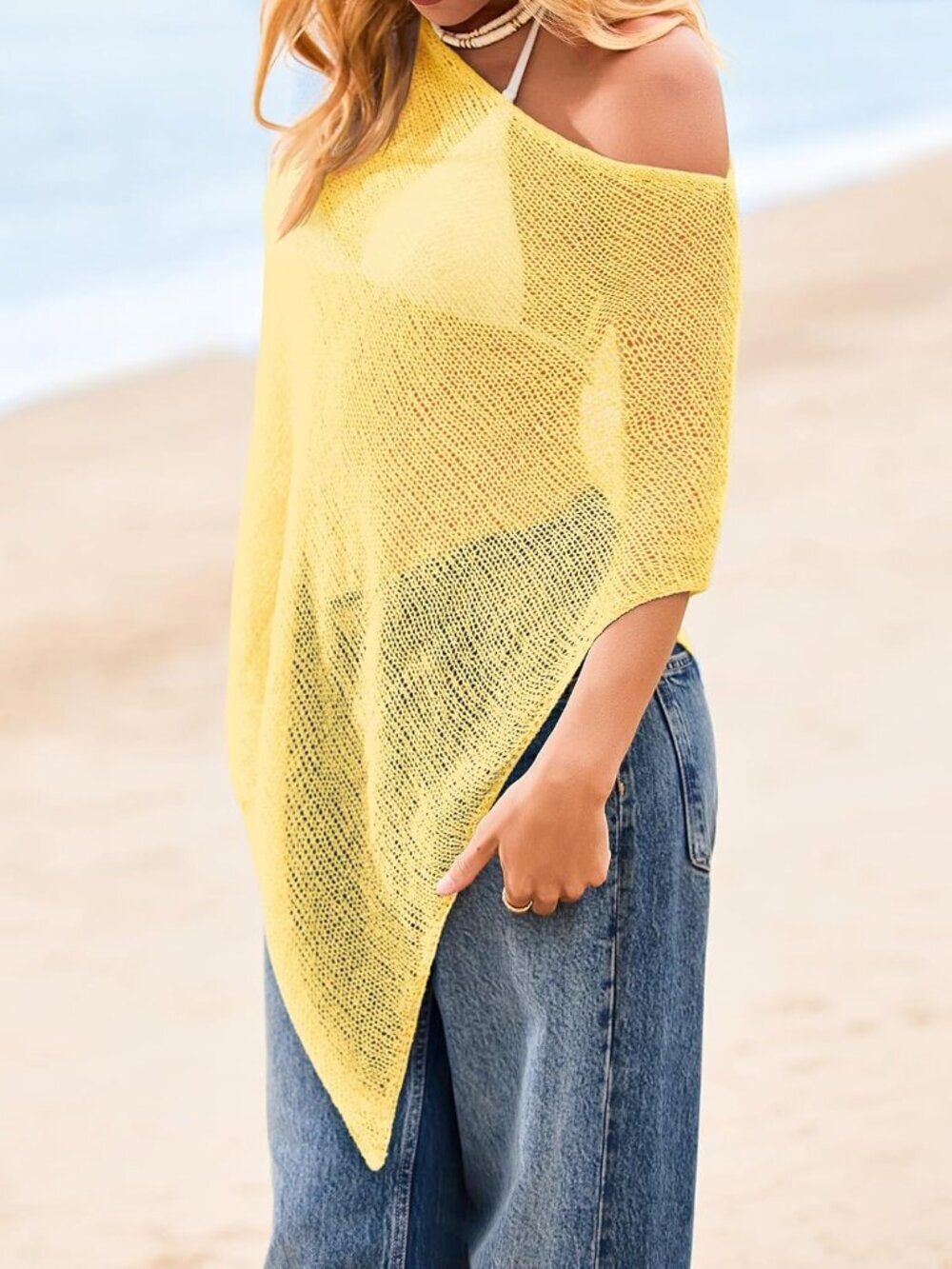 〽️Women's Yellow Lightweight Crochet Knit Mesh Shrug Trendy Sheer Cover Ups